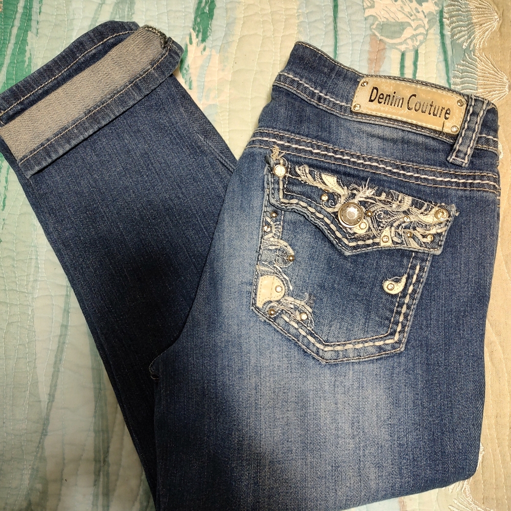 Denim Couture Embroidered Blue Cropped Jeans - Picture 2 of 7